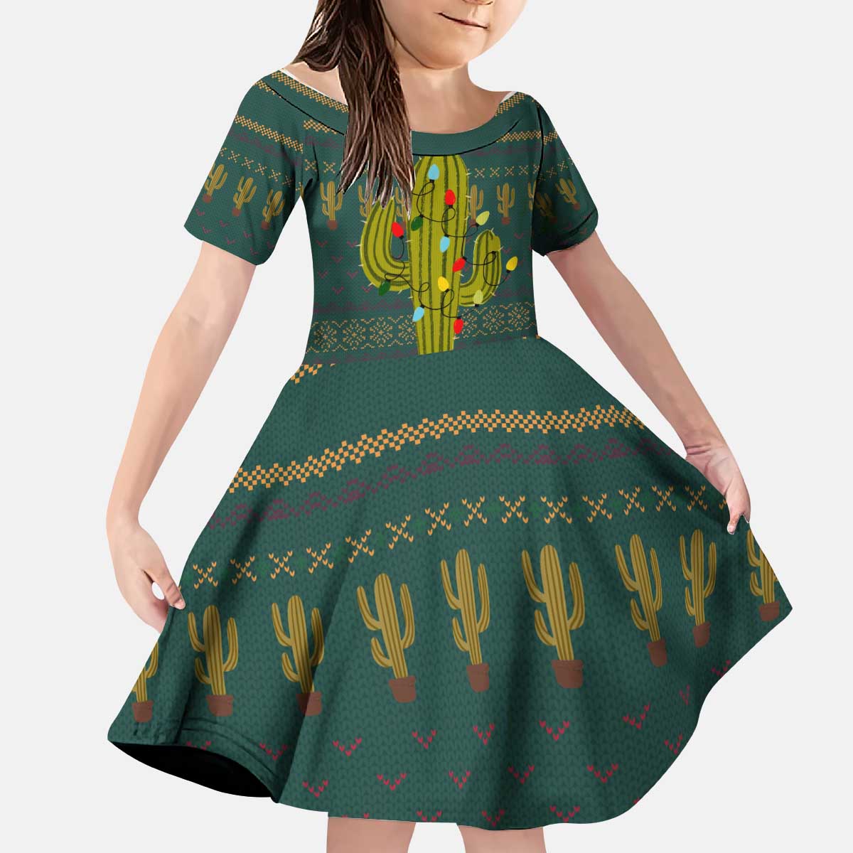 Cactus Christmas Kid Short Sleeve Dress Xmas Holiday Patterns - Wonder Print Shop