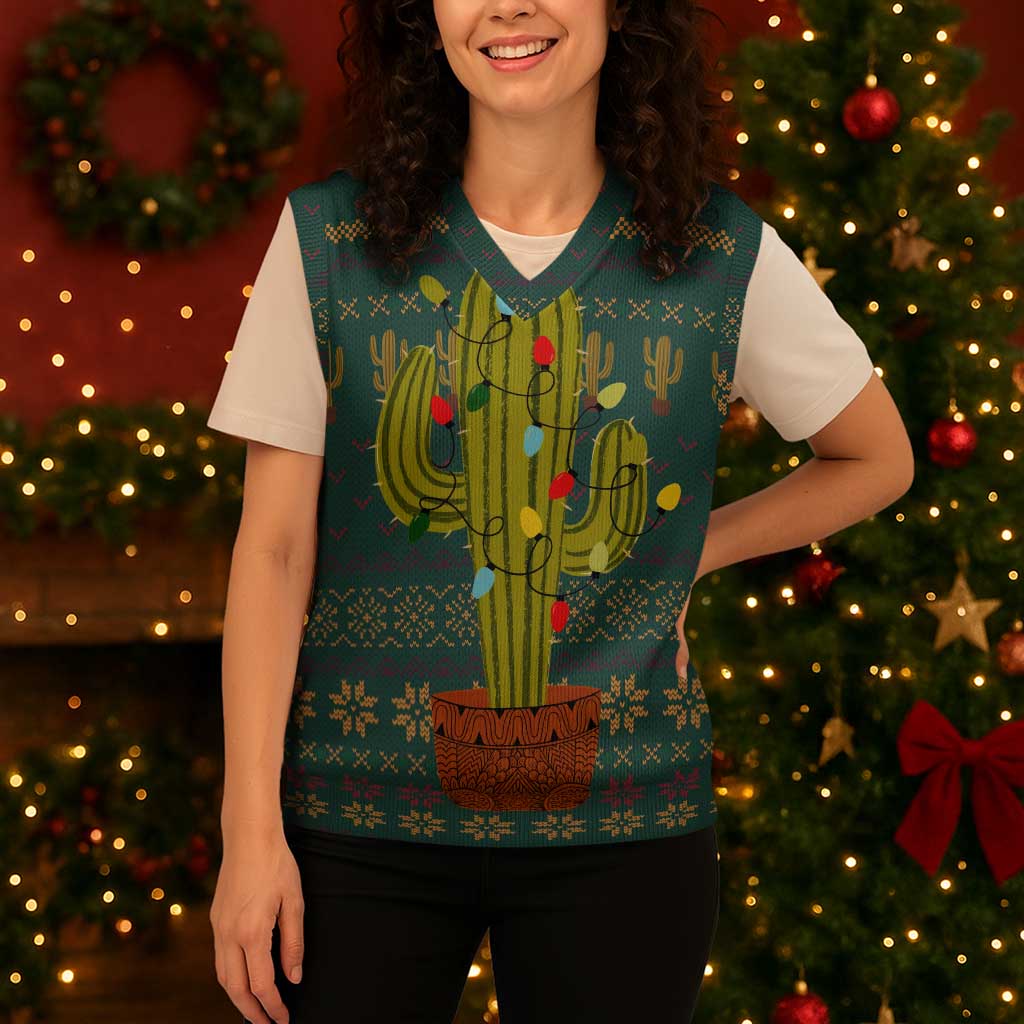 Cactus Christmas Knitted V-Neck Vest Xmas Holiday Patterns - Wonder Print Shop