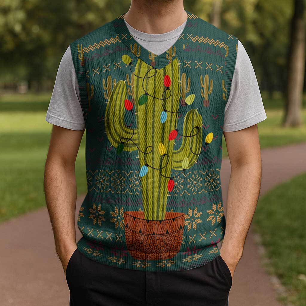 Cactus Christmas Knitted V-Neck Vest Xmas Holiday Patterns - Wonder Print Shop