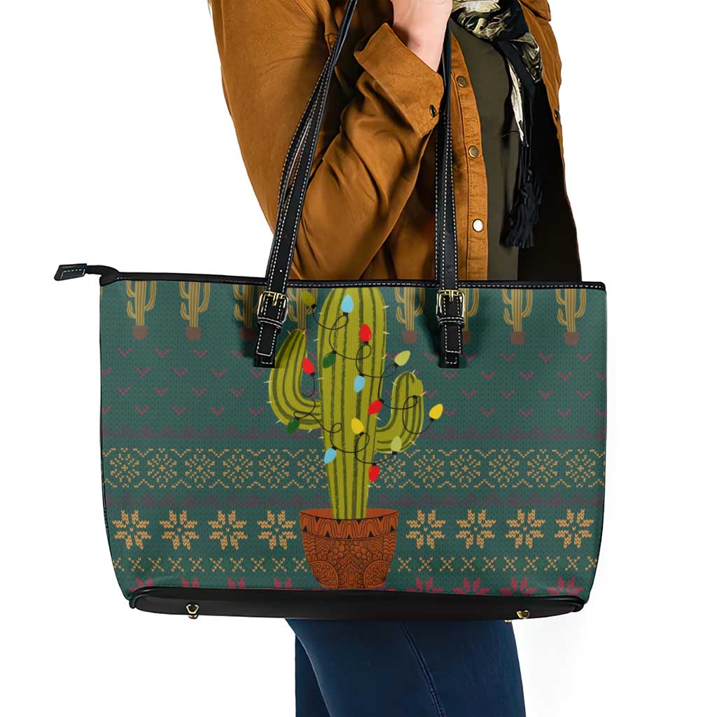 Cactus Christmas Leather Tote Bag Xmas Holiday Patterns - Wonder Print Shop