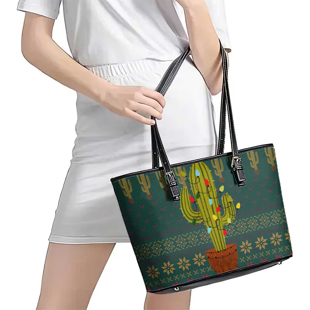 Cactus Christmas Leather Tote Bag Xmas Holiday Patterns - Wonder Print Shop