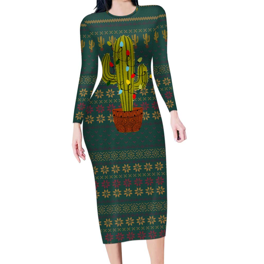 Cactus Christmas Long Sleeve Bodycon Dress Xmas Holiday Patterns - Wonder Print Shop
