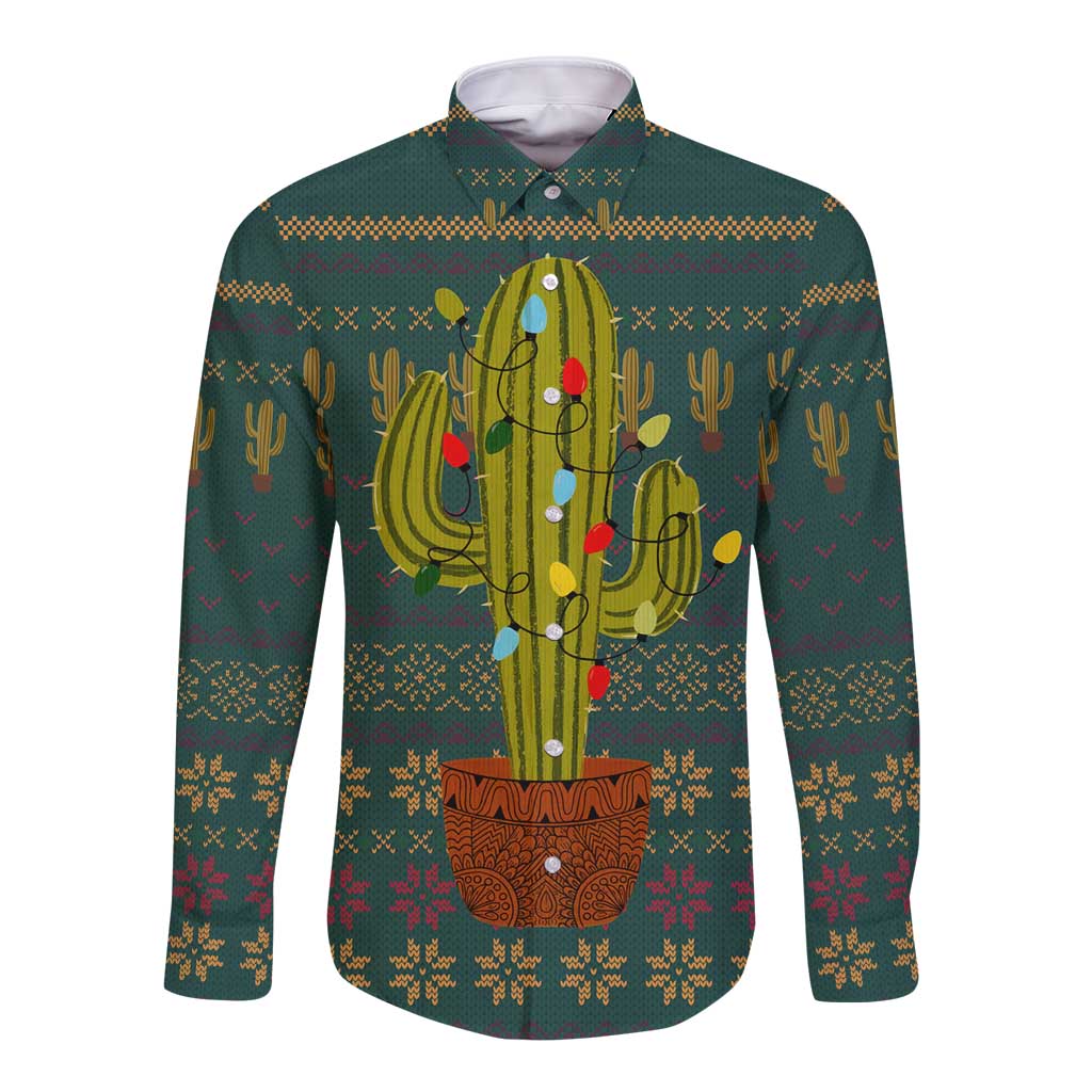 Cactus Christmas Long Sleeve Button Shirt Xmas Holiday Patterns - Wonder Print Shop