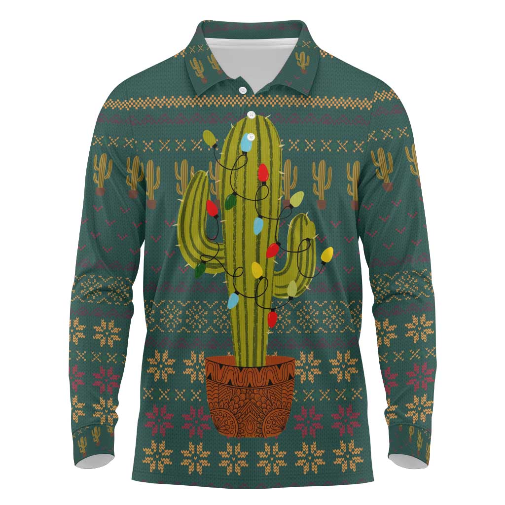 Cactus Christmas Long Sleeve Polo Shirt Xmas Holiday Patterns - Wonder Print Shop