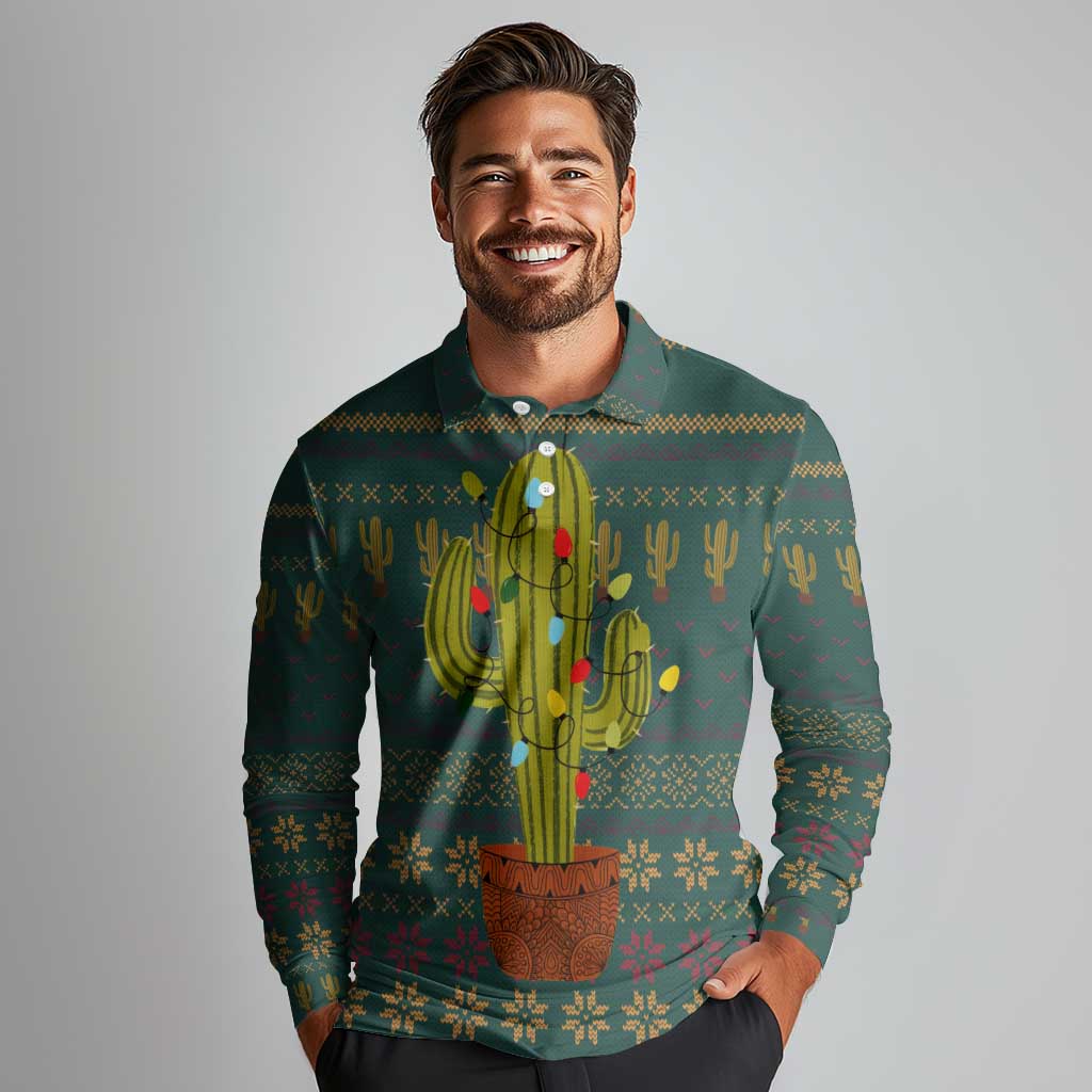 Cactus Christmas Long Sleeve Polo Shirt Xmas Holiday Patterns - Wonder Print Shop