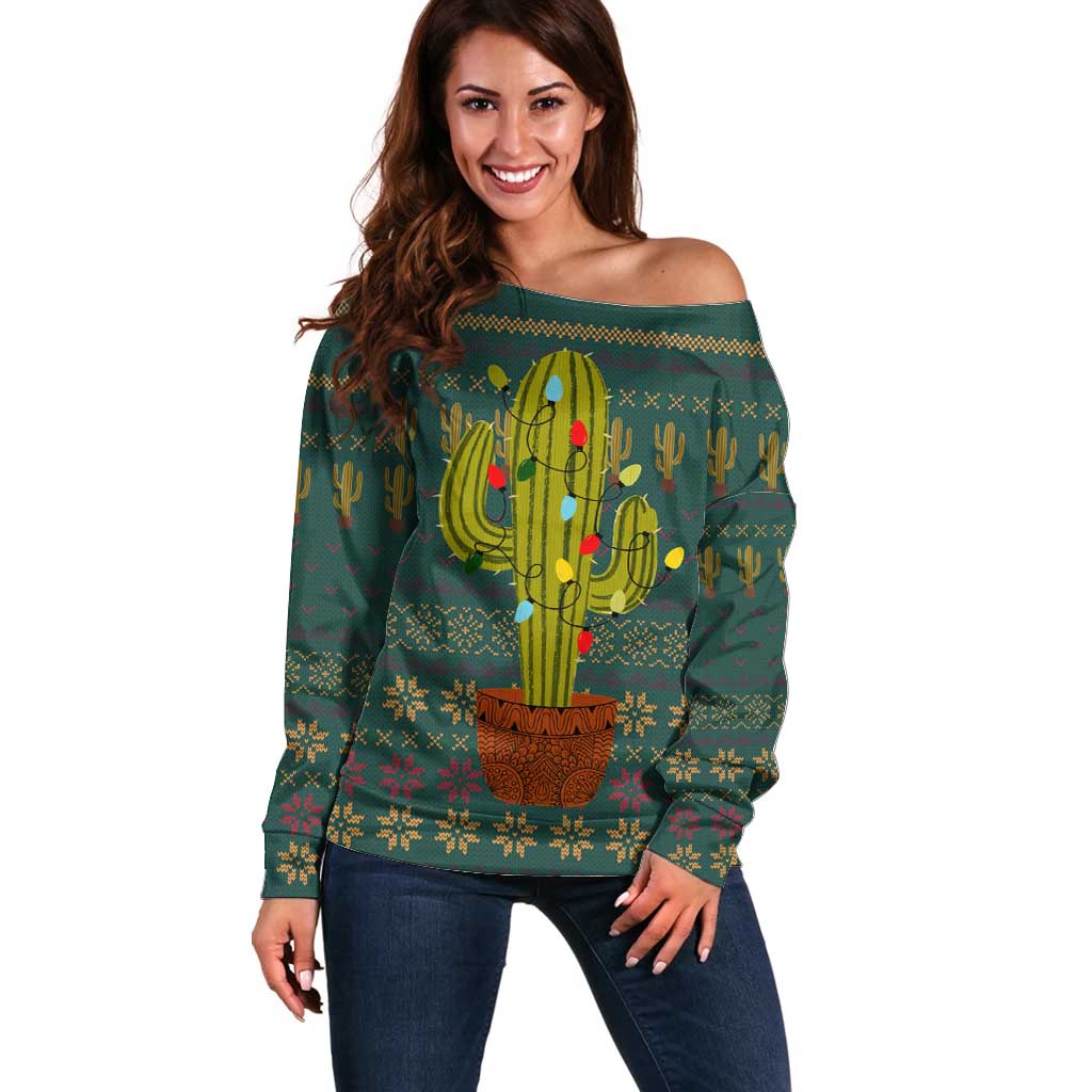 Cactus Christmas Off Shoulder Sweater Xmas Holiday Patterns - Wonder Print Shop