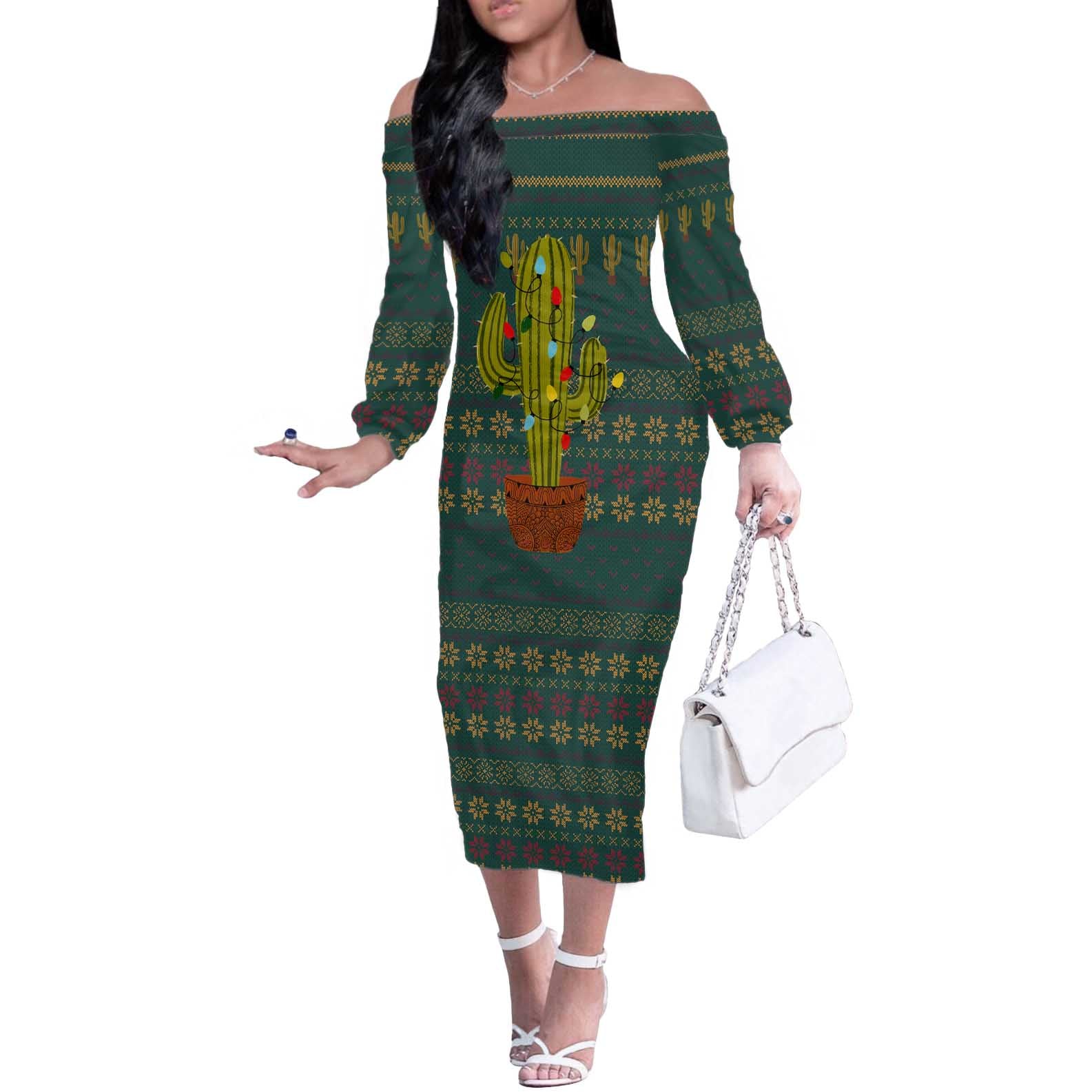 Cactus Christmas Off The Shoulder Long Sleeve Dress Xmas Holiday Patterns - Wonder Print Shop