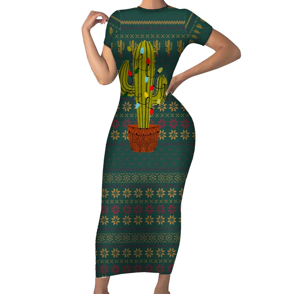 Cactus Christmas Short Sleeve Bodycon Dress Xmas Holiday Patterns - Wonder Print Shop
