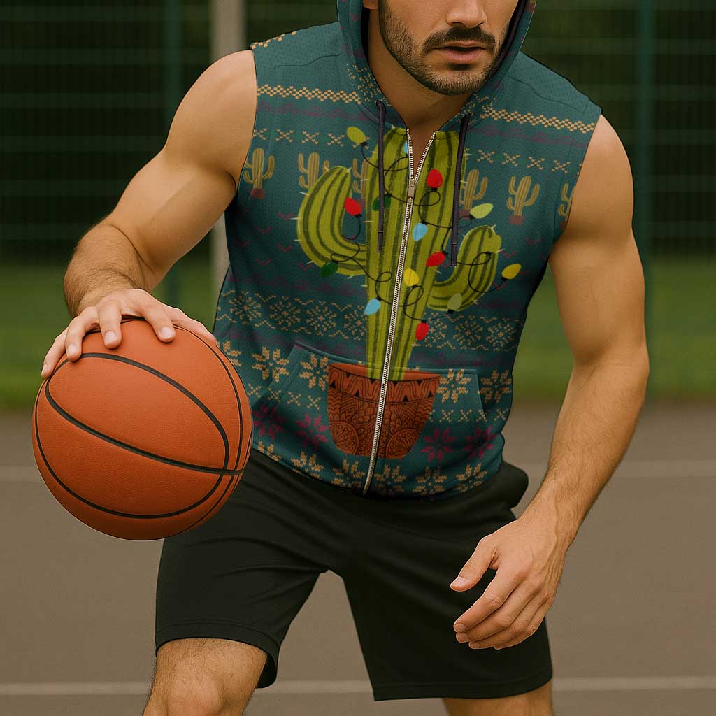 Cactus Christmas Sleeveless Zip Hoodie Xmas Holiday Patterns - Wonder Print Shop