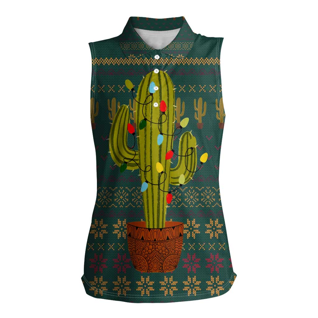 Cactus Christmas Women Sleeveless Polo Shirt Xmas Holiday Patterns - Wonder Print Shop