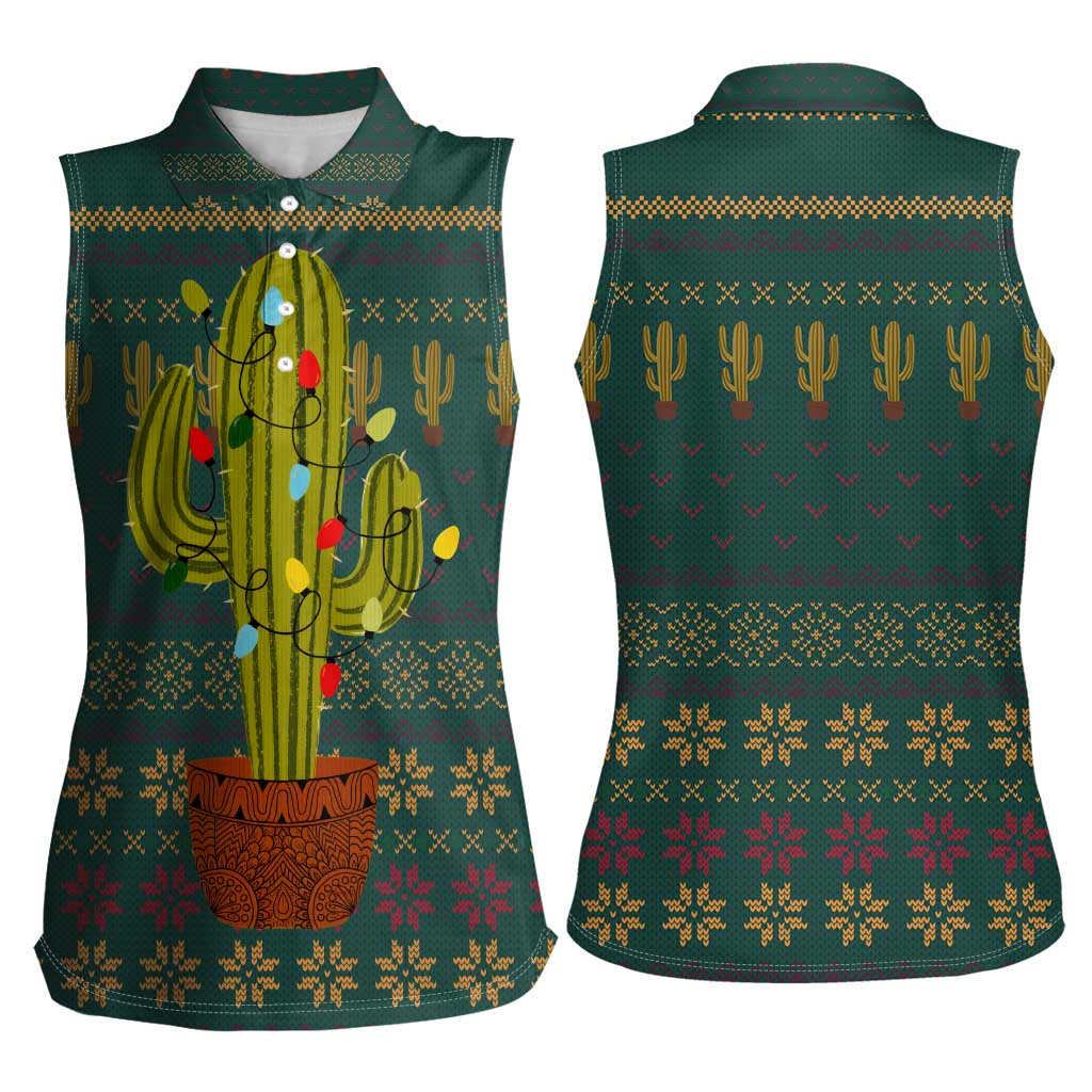 Cactus Christmas Women Sleeveless Polo Shirt Xmas Holiday Patterns - Wonder Print Shop