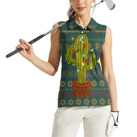 Cactus Christmas Women Sleeveless Polo Shirt Xmas Holiday Patterns - Wonder Print Shop