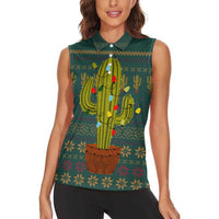 Cactus Christmas Women Sleeveless Polo Shirt Xmas Holiday Patterns - Wonder Print Shop