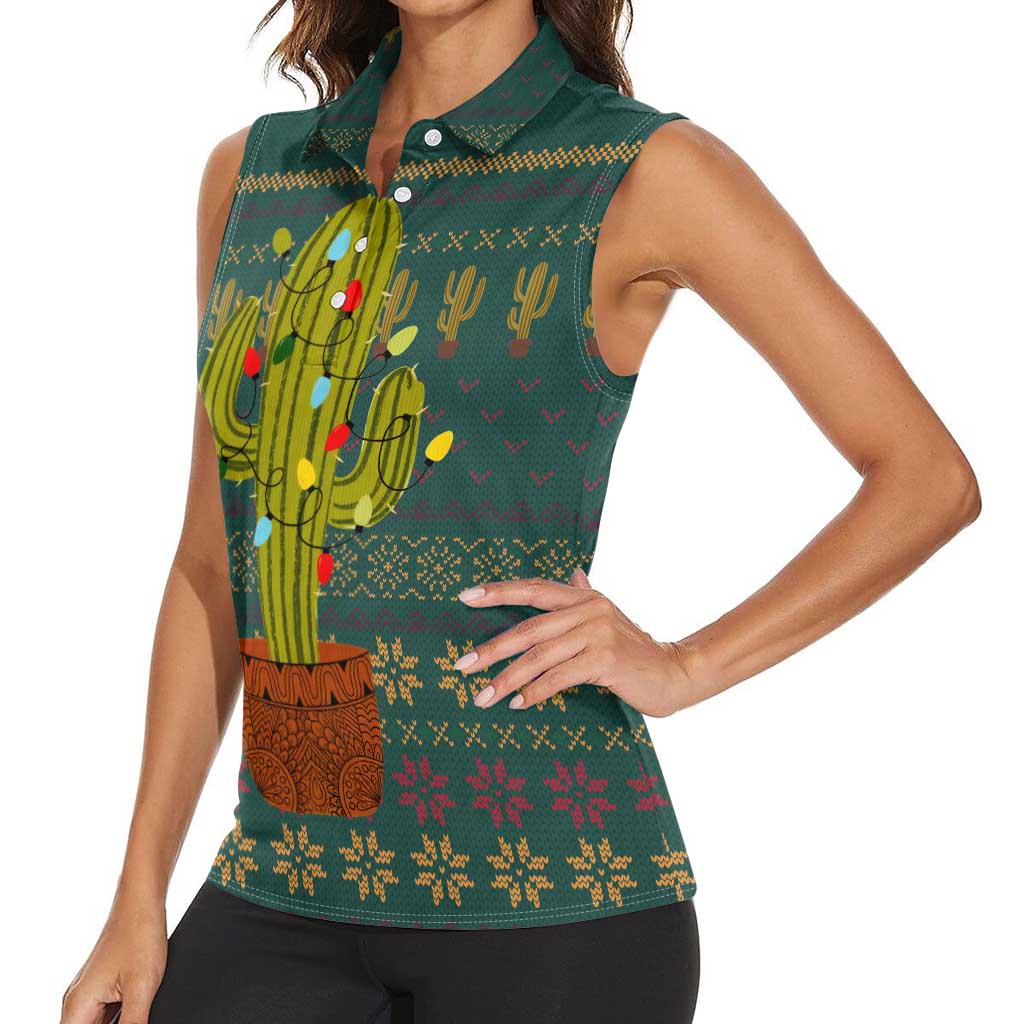 Cactus Christmas Women Sleeveless Polo Shirt Xmas Holiday Patterns - Wonder Print Shop