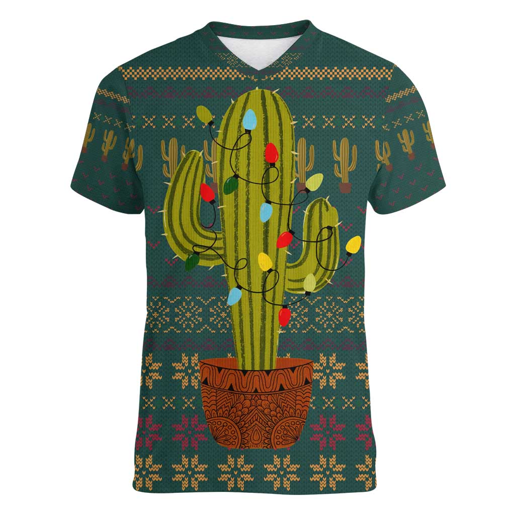 Cactus Christmas Women V-Neck T-Shirt Xmas Holiday Patterns - Wonder Print Shop