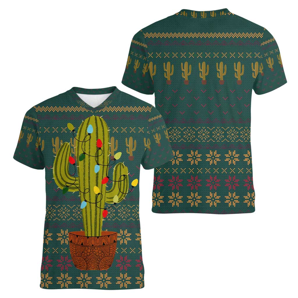 Cactus Christmas Women V-Neck T-Shirt Xmas Holiday Patterns - Wonder Print Shop