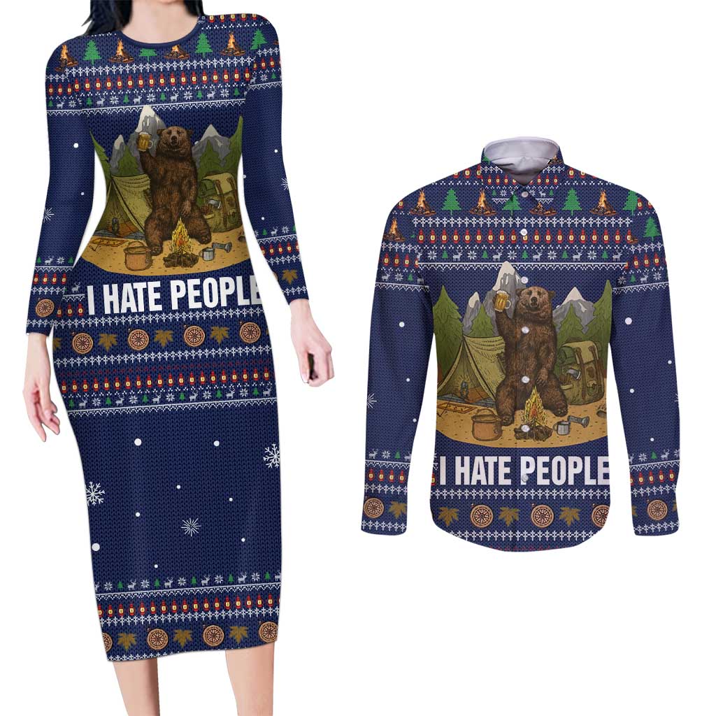 Camping I Hate People Christmas Couples Matching Long Sleeve Bodycon Dress and Long Sleeve Button Shirt Xmas Holiday Patterns - Wonder Print Shop