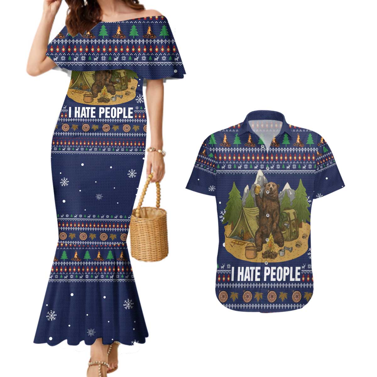 Camping I Hate People Christmas Couples Matching Mermaid Dress and Hawaiian Shirt Xmas Holiday Patterns - Wonder Print Shop