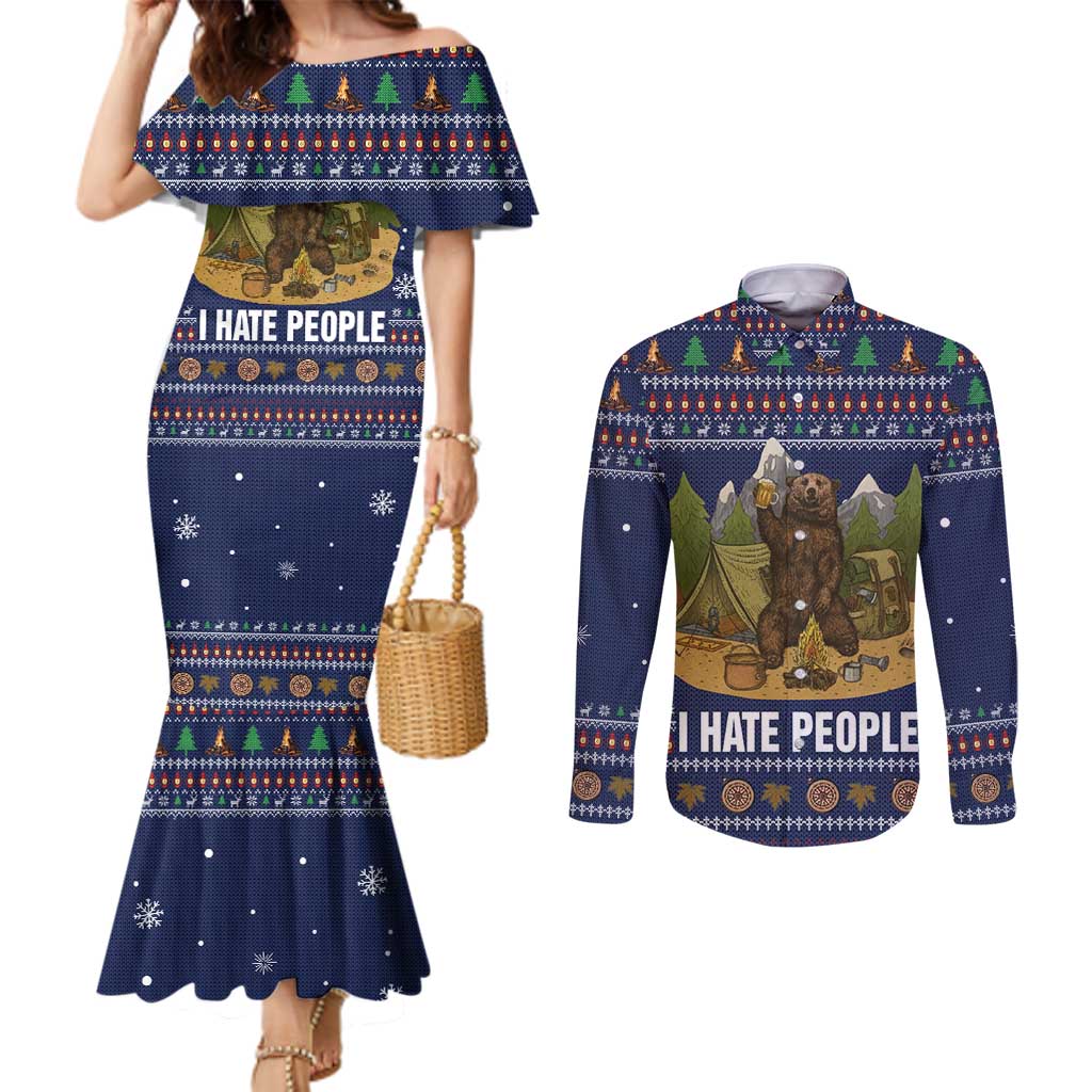 Camping I Hate People Christmas Couples Matching Mermaid Dress and Long Sleeve Button Shirt Xmas Holiday Patterns - Wonder Print Shop