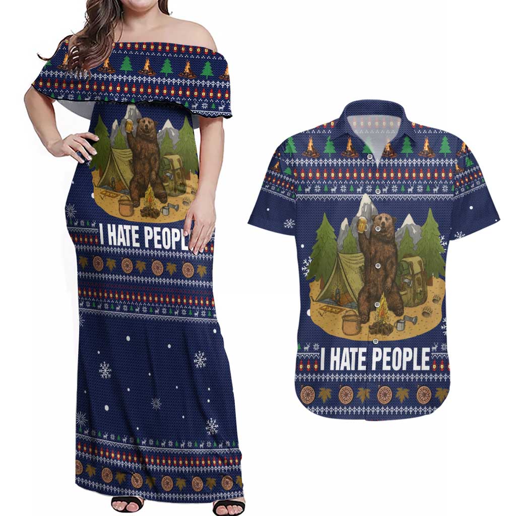 Camping I Hate People Christmas Couples Matching Off Shoulder Maxi Dress and Hawaiian Shirt Xmas Holiday Patterns - Wonder Print Shop