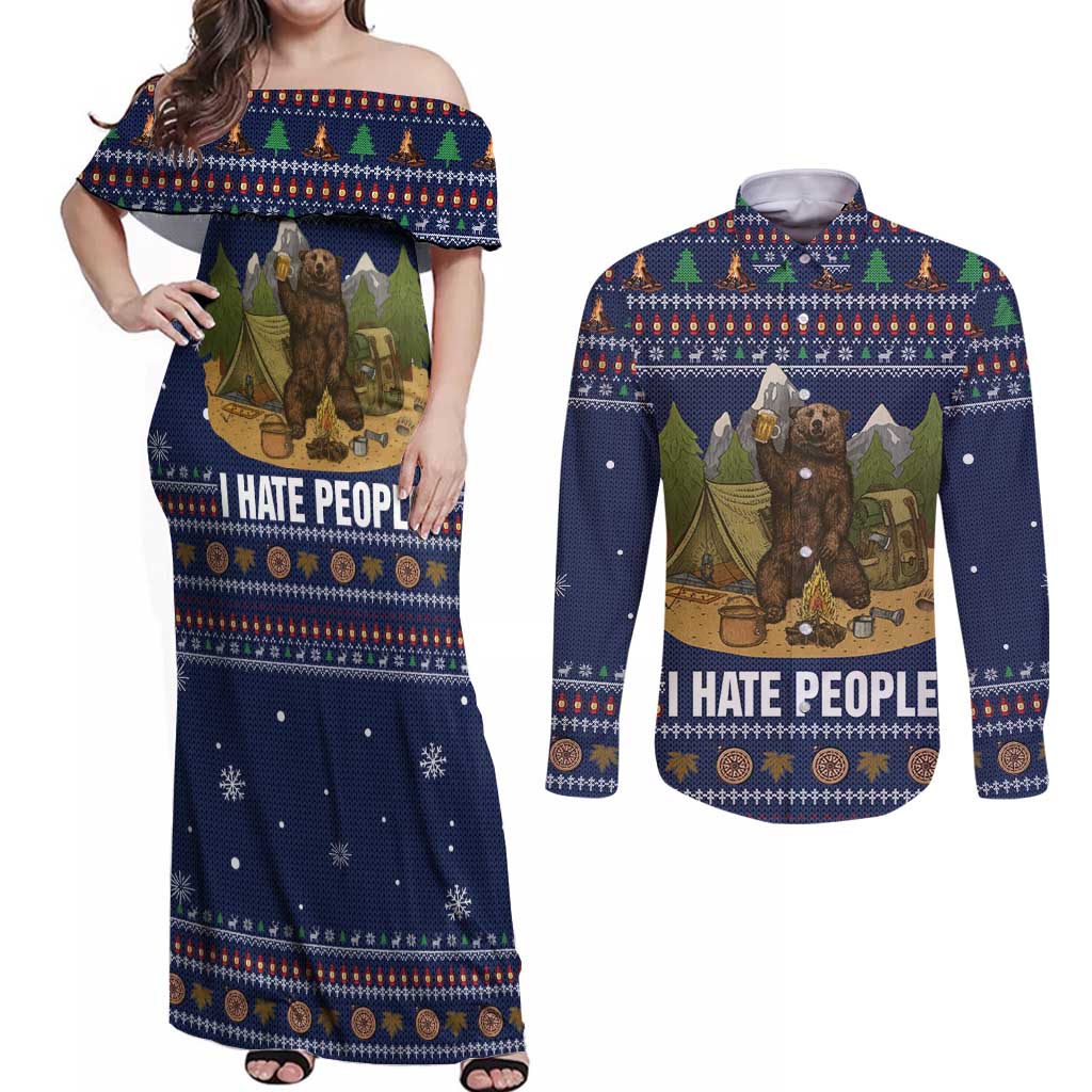 Camping I Hate People Christmas Couples Matching Off Shoulder Maxi Dress and Long Sleeve Button Shirt Xmas Holiday Patterns - Wonder Print Shop