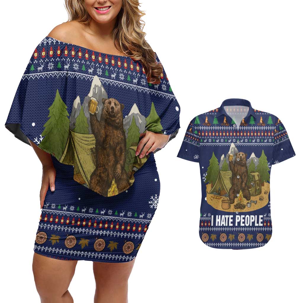 Camping I Hate People Christmas Couples Matching Off Shoulder Short Dress and Hawaiian Shirt Xmas Holiday Patterns - Wonder Print Shop