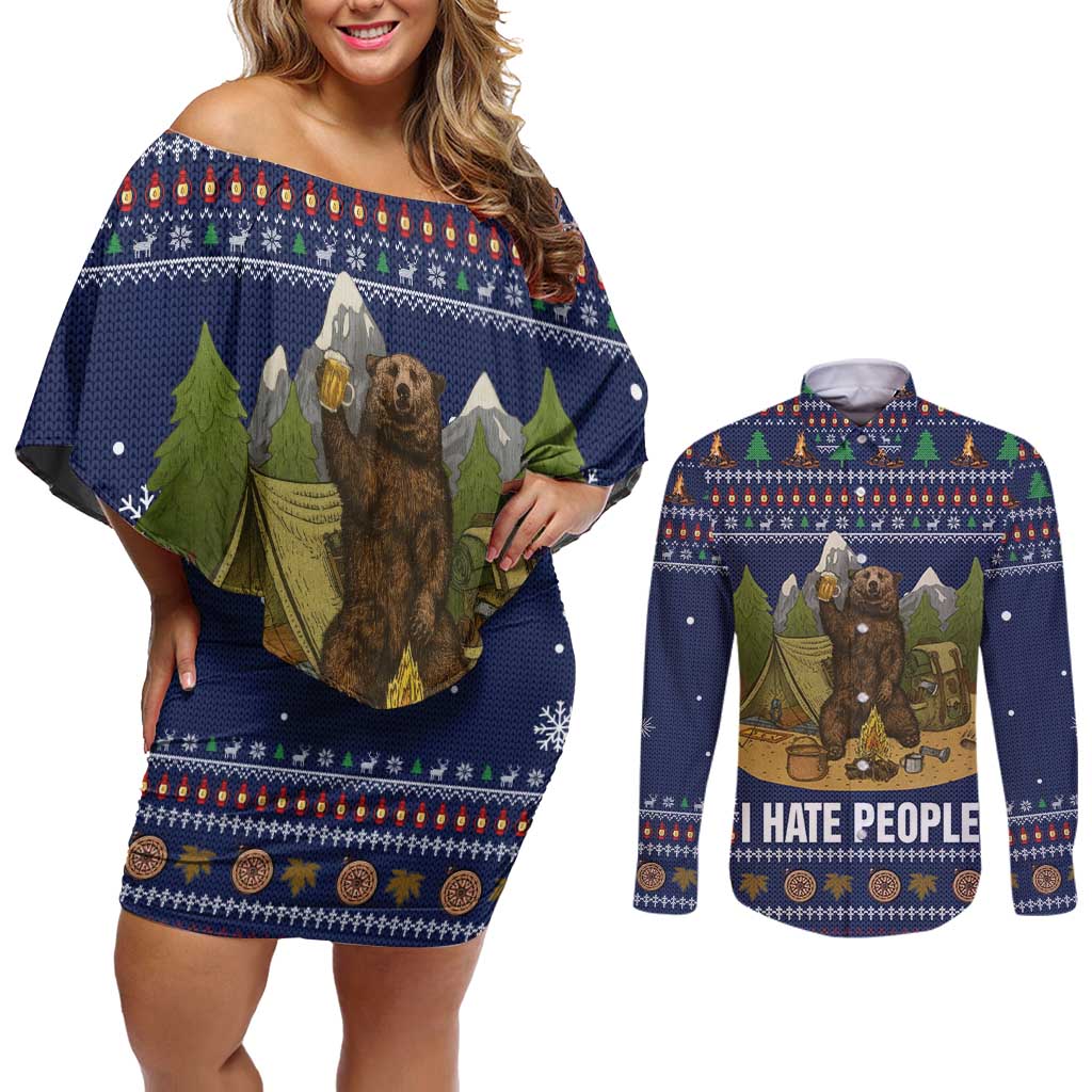 Camping I Hate People Christmas Couples Matching Off Shoulder Short Dress and Long Sleeve Button Shirt Xmas Holiday Patterns - Wonder Print Shop