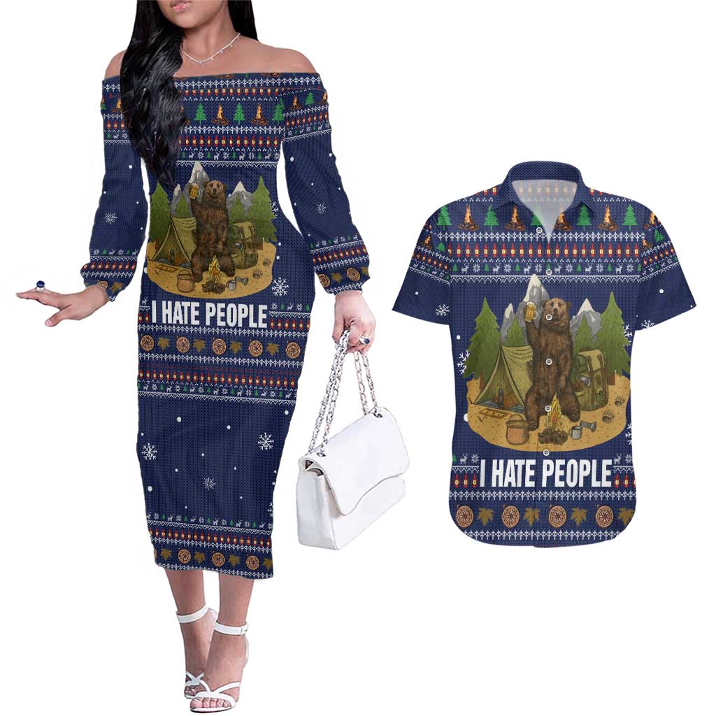 Camping I Hate People Christmas Couples Matching Off The Shoulder Long Sleeve Dress and Hawaiian Shirt Xmas Holiday Patterns - Wonder Print Shop