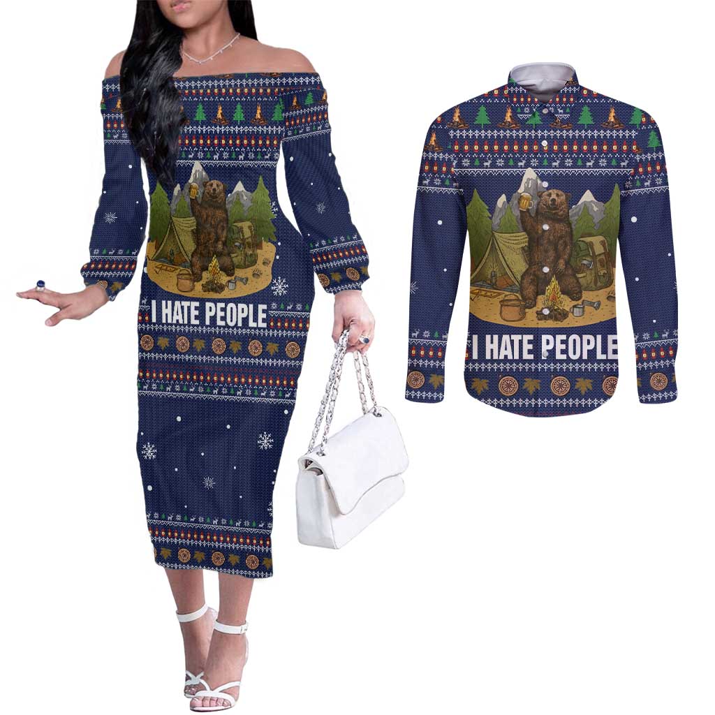 Camping I Hate People Christmas Couples Matching Off The Shoulder Long Sleeve Dress and Long Sleeve Button Shirt Xmas Holiday Patterns - Wonder Print Shop