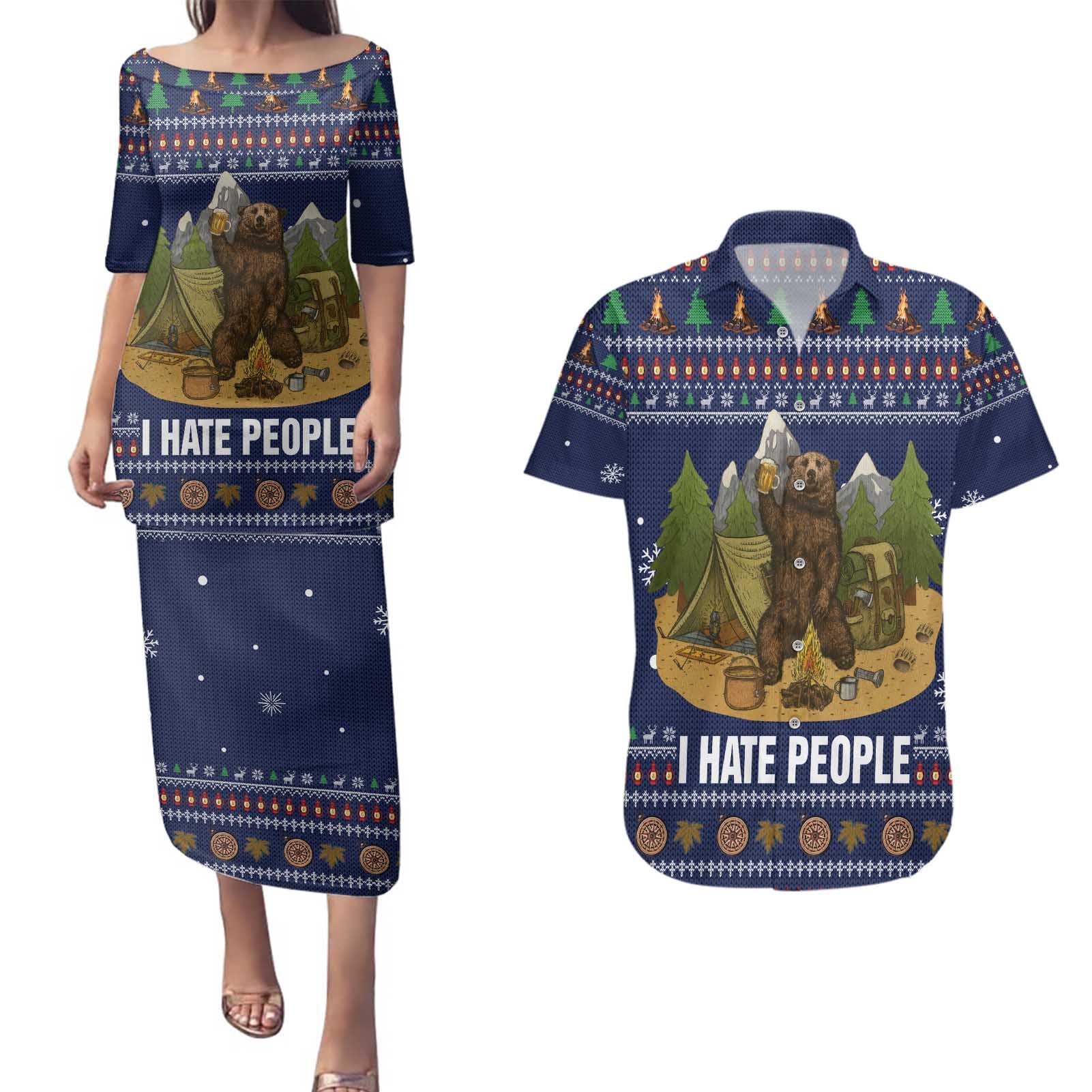 Camping I Hate People Christmas Couples Matching Puletasi and Hawaiian Shirt Xmas Holiday Patterns - Wonder Print Shop