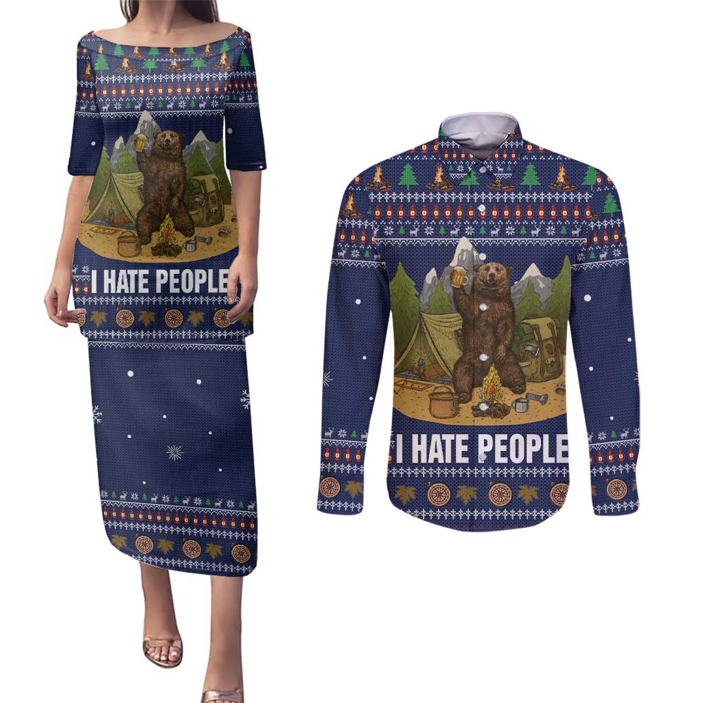 Camping I Hate People Christmas Couples Matching Puletasi and Long Sleeve Button Shirt Xmas Holiday Patterns - Wonder Print Shop