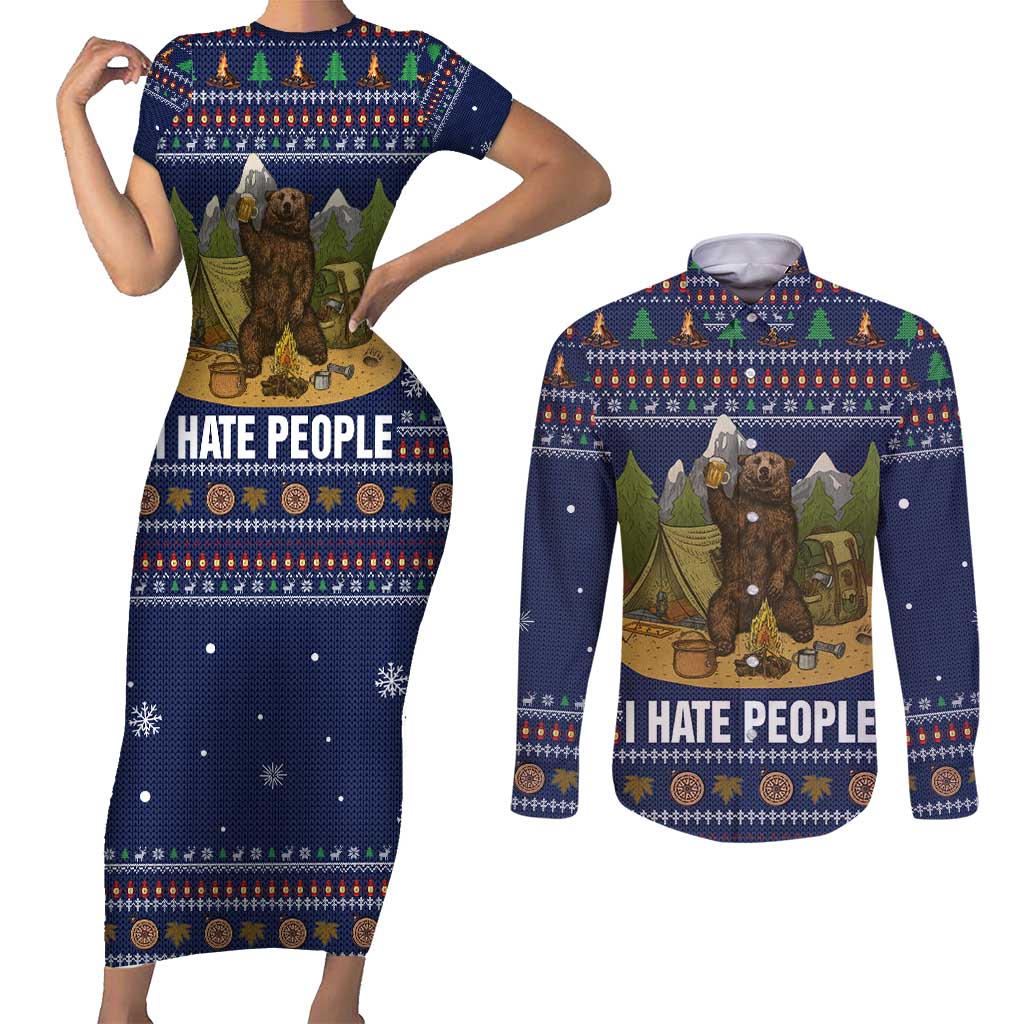 Camping I Hate People Christmas Couples Matching Short Sleeve Bodycon Dress and Long Sleeve Button Shirt Xmas Holiday Patterns - Wonder Print Shop
