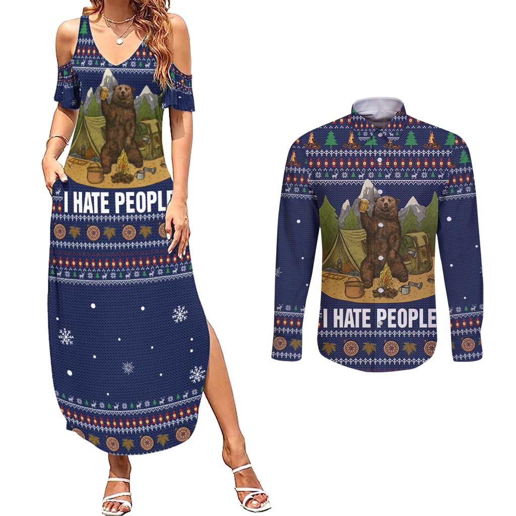 Camping I Hate People Christmas Couples Matching Summer Maxi Dress and Long Sleeve Button Shirt Xmas Holiday Patterns - Wonder Print Shop