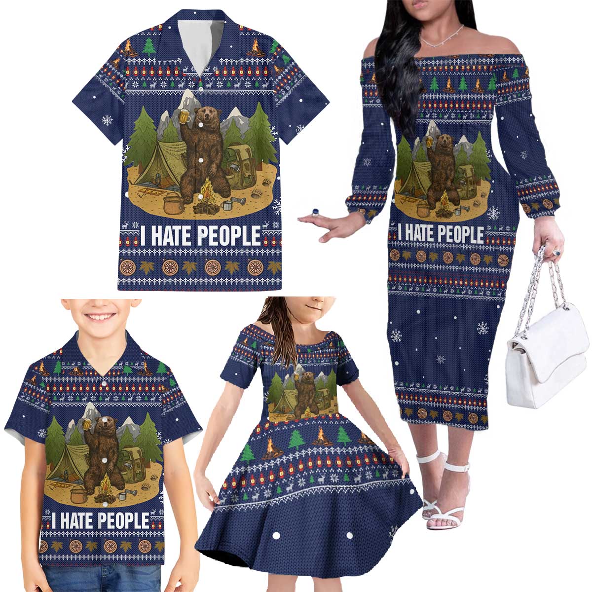 Camping I Hate People Christmas Family Matching Off The Shoulder Long Sleeve Dress and Hawaiian Shirt Xmas Holiday Patterns - Wonder Print Shop