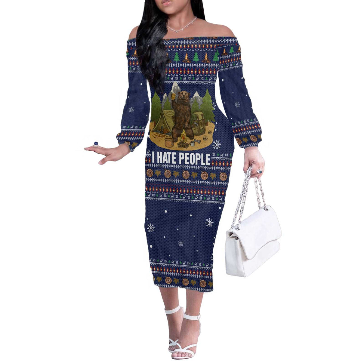 Camping I Hate People Christmas Off The Shoulder Long Sleeve Dress Xmas Holiday Patterns - Wonder Print Shop