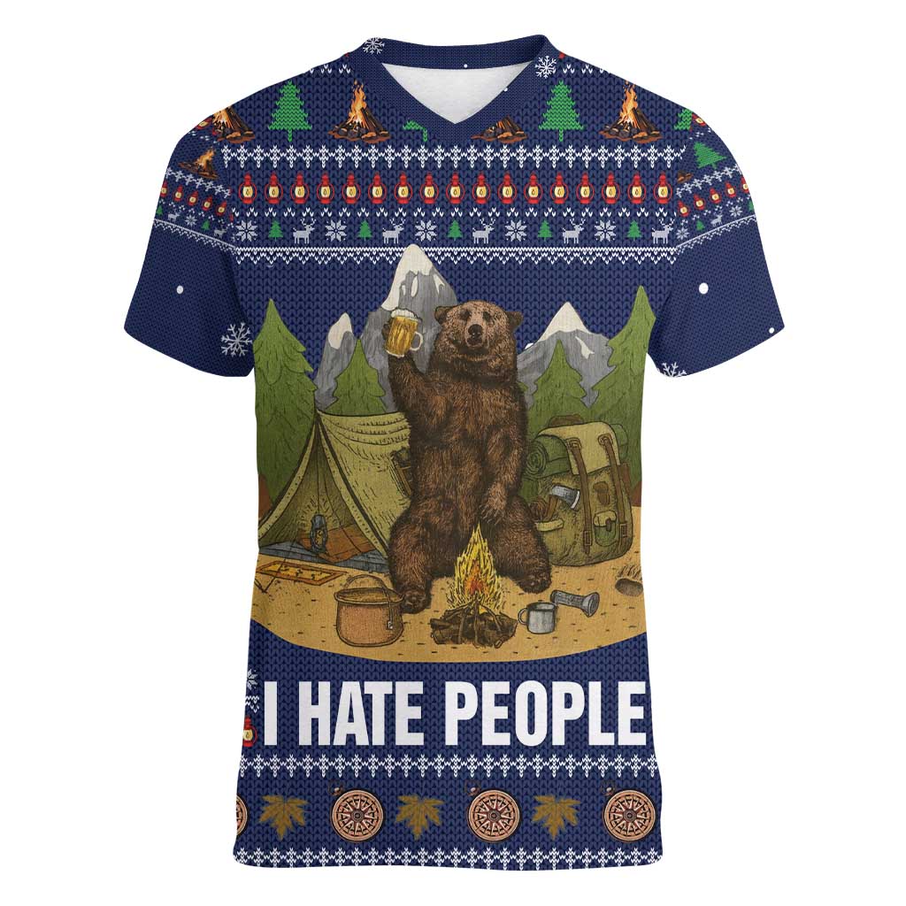Camping I Hate People Christmas Women V-Neck T-Shirt Xmas Holiday Patterns - Wonder Print Shop