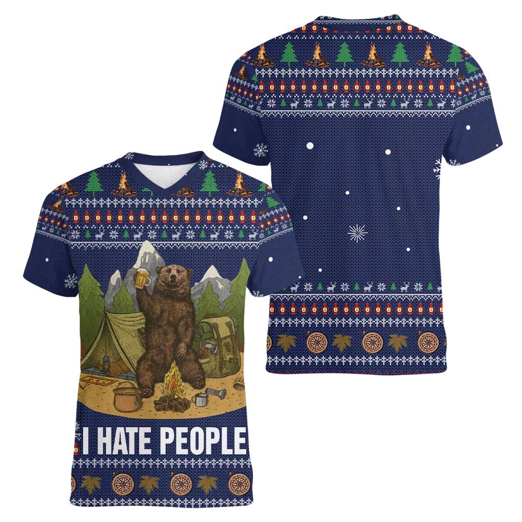 Camping I Hate People Christmas Women V-Neck T-Shirt Xmas Holiday Patterns - Wonder Print Shop