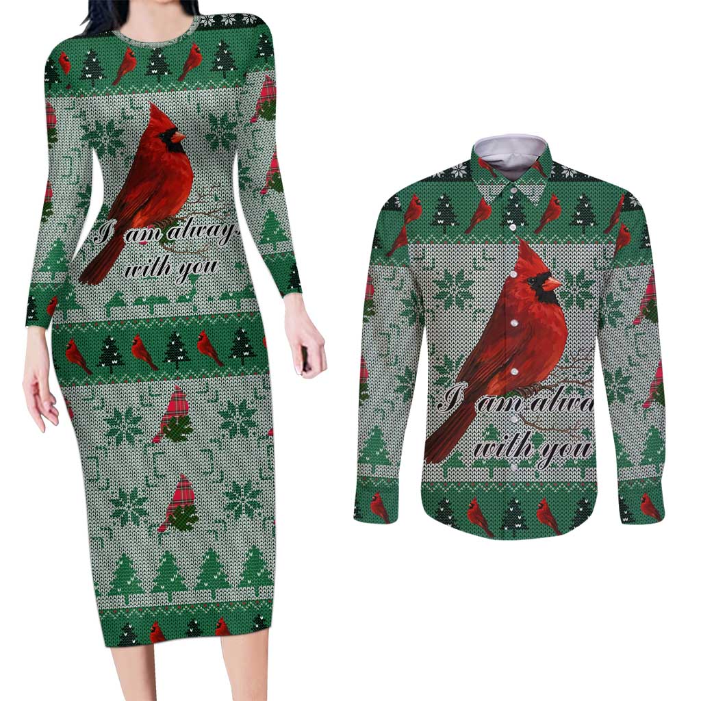 Cardinal I am Always With You Christmas Couples Matching Long Sleeve Bodycon Dress and Long Sleeve Button Shirt Xmas Holiday Patterns - Wonder Print Shop