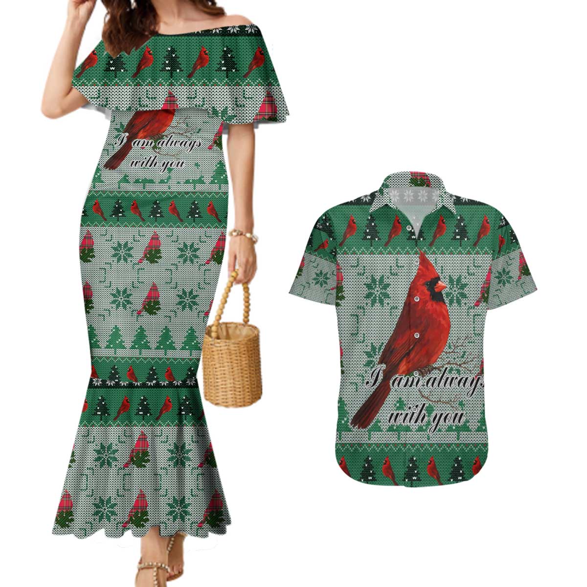Cardinal I am Always With You Christmas Couples Matching Mermaid Dress and Hawaiian Shirt Xmas Holiday Patterns - Wonder Print Shop