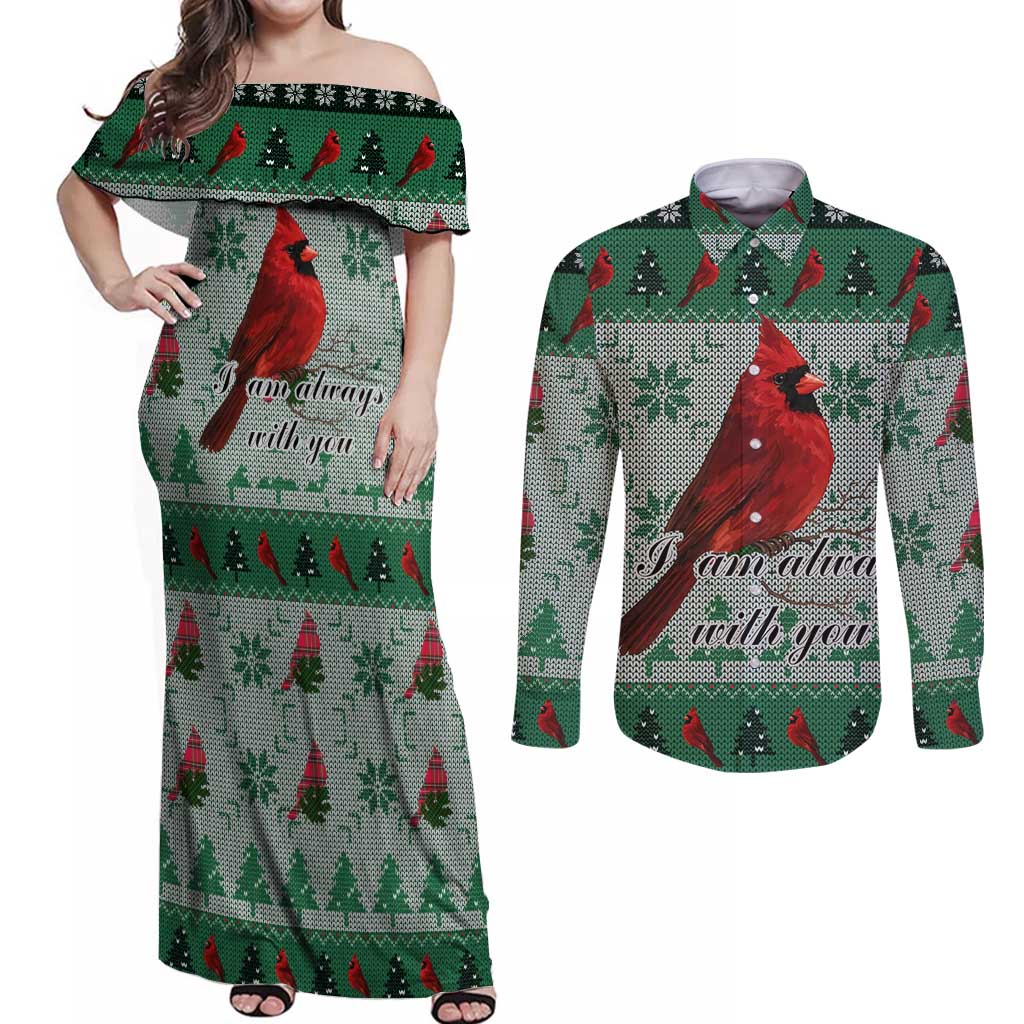 Cardinal I am Always With You Christmas Couples Matching Off Shoulder Maxi Dress and Long Sleeve Button Shirt Xmas Holiday Patterns - Wonder Print Shop