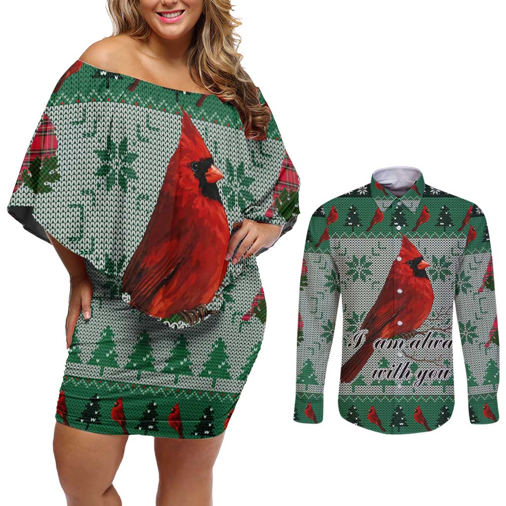 Cardinal I am Always With You Christmas Couples Matching Off Shoulder Short Dress and Long Sleeve Button Shirt Xmas Holiday Patterns - Wonder Print Shop