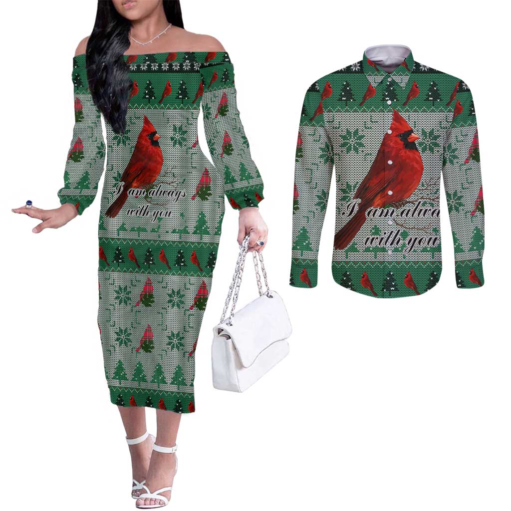 Cardinal I am Always With You Christmas Couples Matching Off The Shoulder Long Sleeve Dress and Long Sleeve Button Shirt Xmas Holiday Patterns - Wonder Print Shop