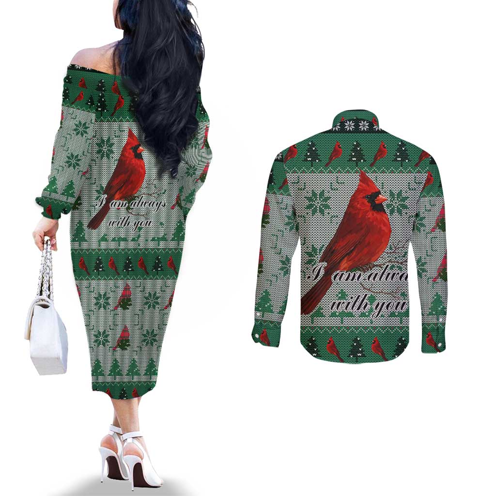 Cardinal I am Always With You Christmas Couples Matching Off The Shoulder Long Sleeve Dress and Long Sleeve Button Shirt Xmas Holiday Patterns - Wonder Print Shop