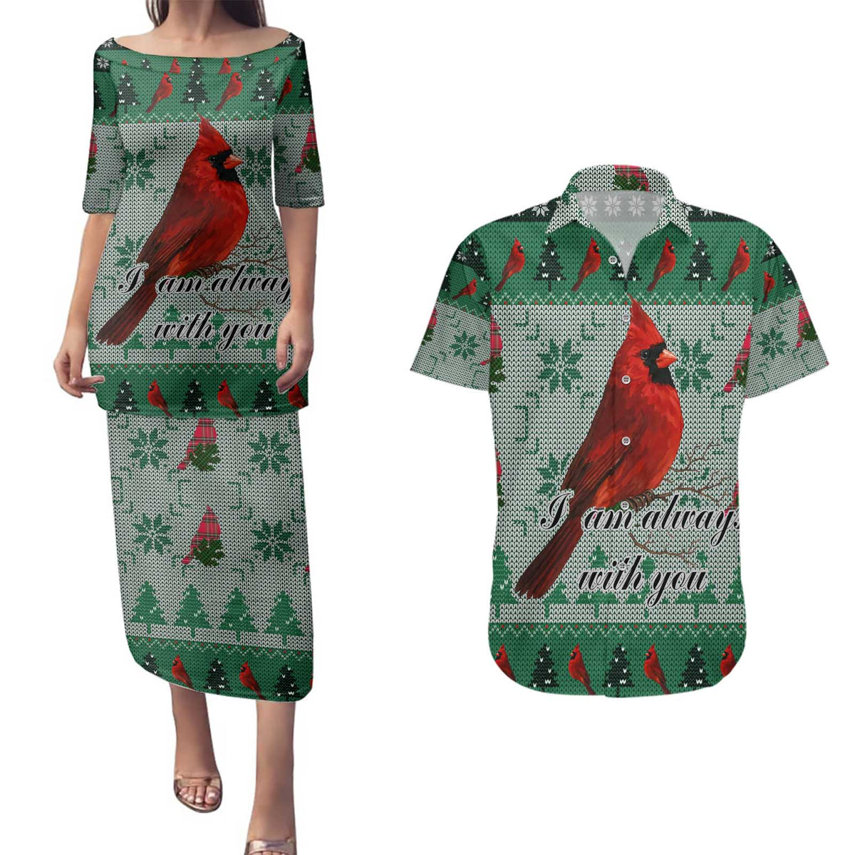 Cardinal I am Always With You Christmas Couples Matching Puletasi and Hawaiian Shirt Xmas Holiday Patterns - Wonder Print Shop