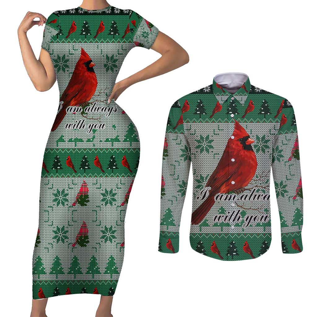 Cardinal I am Always With You Christmas Couples Matching Short Sleeve Bodycon Dress and Long Sleeve Button Shirt Xmas Holiday Patterns - Wonder Print Shop
