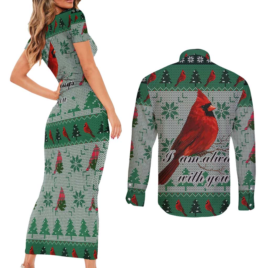Cardinal I am Always With You Christmas Couples Matching Short Sleeve Bodycon Dress and Long Sleeve Button Shirt Xmas Holiday Patterns - Wonder Print Shop