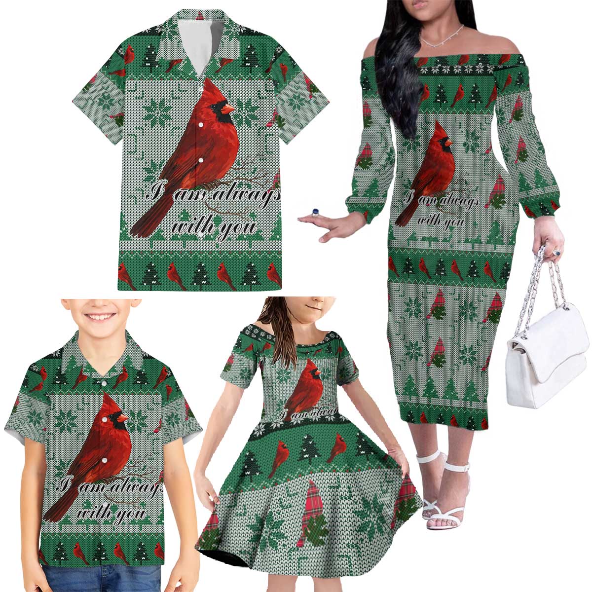 Cardinal I am Always With You Christmas Family Matching Off The Shoulder Long Sleeve Dress and Hawaiian Shirt Xmas Holiday Patterns - Wonder Print Shop