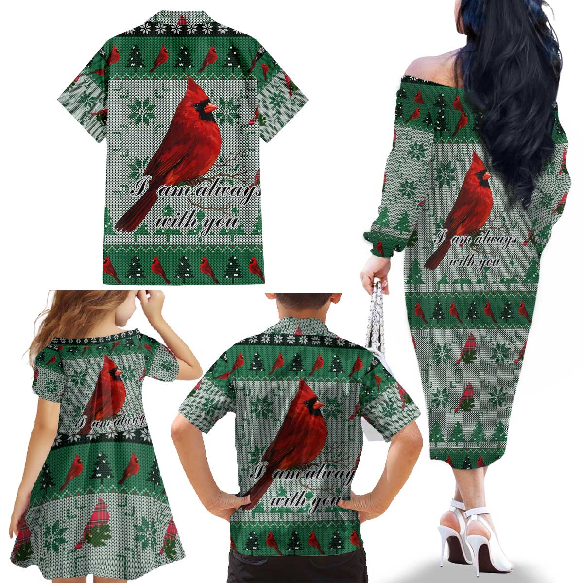 Cardinal I am Always With You Christmas Family Matching Off The Shoulder Long Sleeve Dress and Hawaiian Shirt Xmas Holiday Patterns - Wonder Print Shop