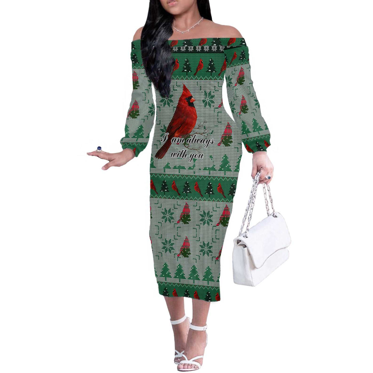 Cardinal I am Always With You Christmas Off The Shoulder Long Sleeve Dress Xmas Holiday Patterns - Wonder Print Shop