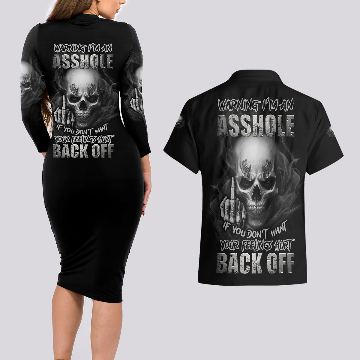 Warning I'm An A Mad Skull Couples Matching Long Sleeve Bodycon Dress and Hawaiian Shirt - Wonder Print Shop